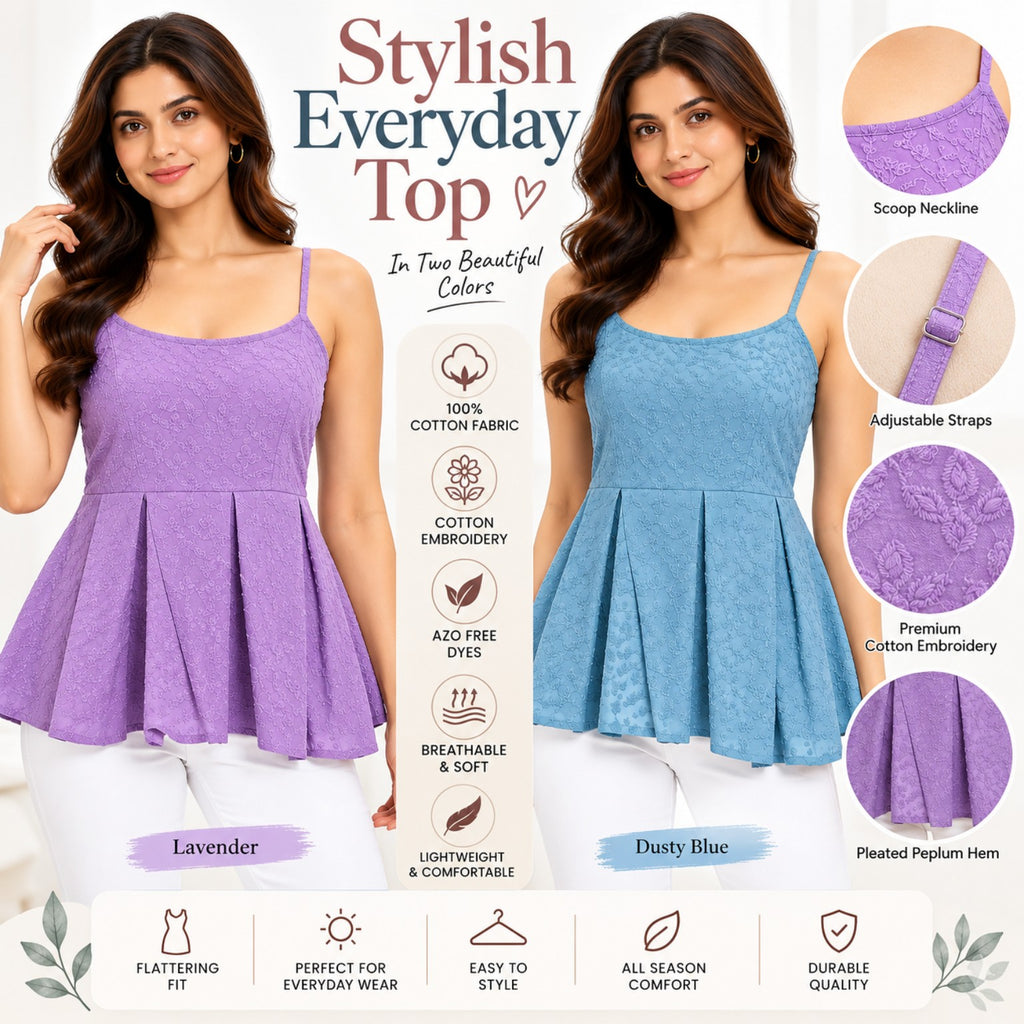 LOMEE embroidered cotton peplum top infographic showing both colour options and design details