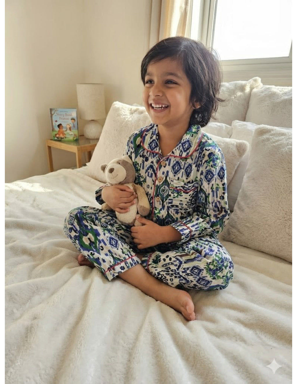 LOMEE blue-green geometric print kids' night suit, front lifestyle view