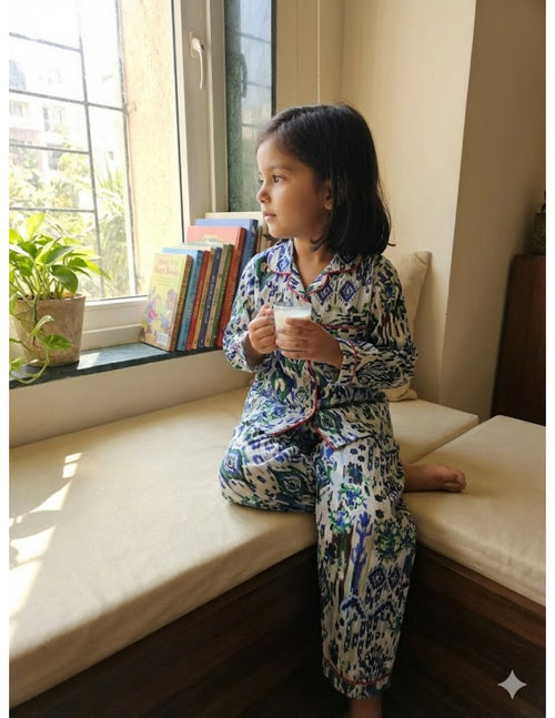 LOMEE blue-green geometric kids' night suit, side view