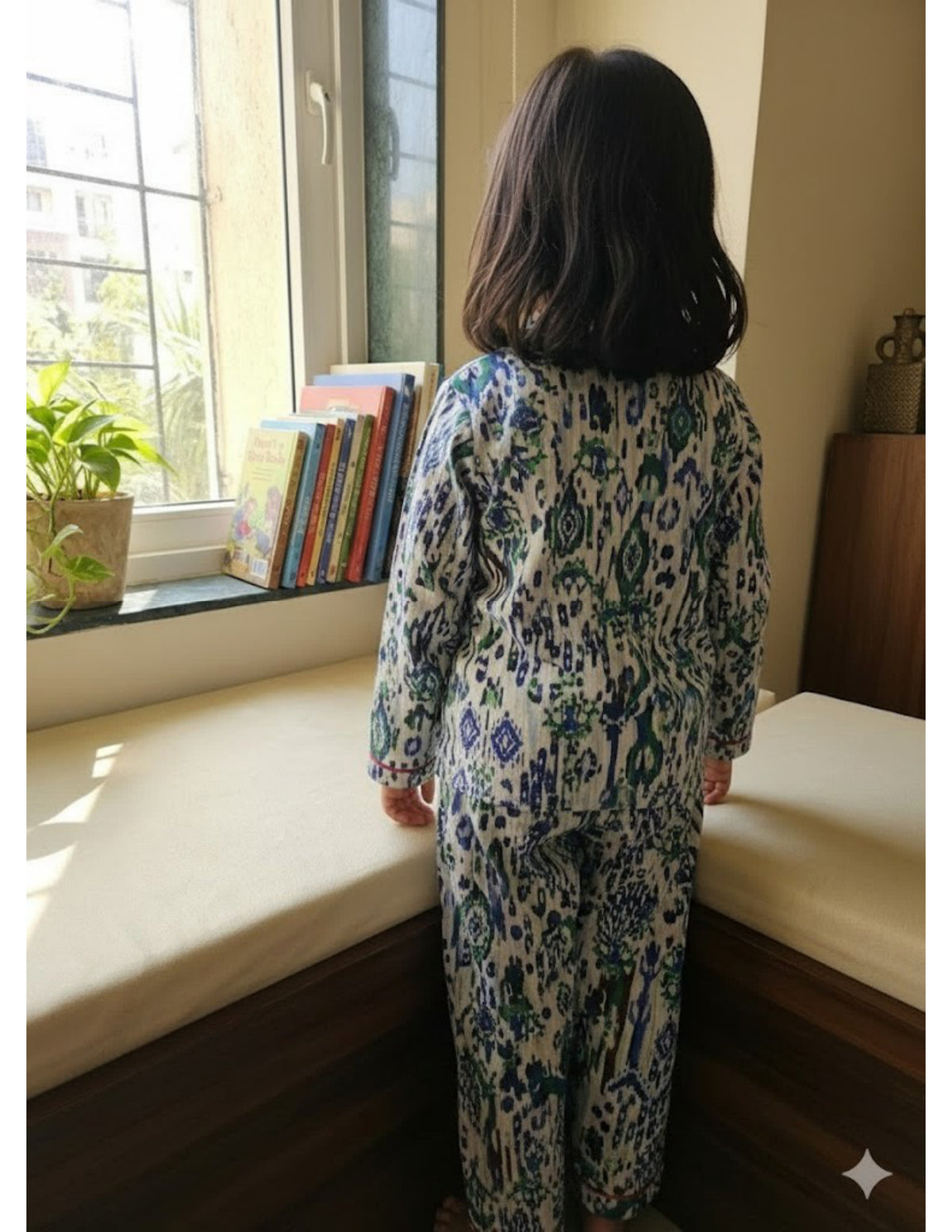 LOMEE blue-green geometric kids' night suit, back view