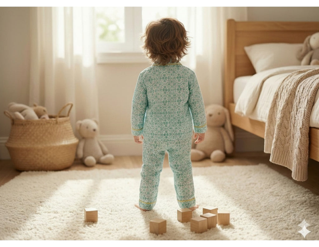 LOMEE mint-green printed kids' night suit, additional lifestyle view