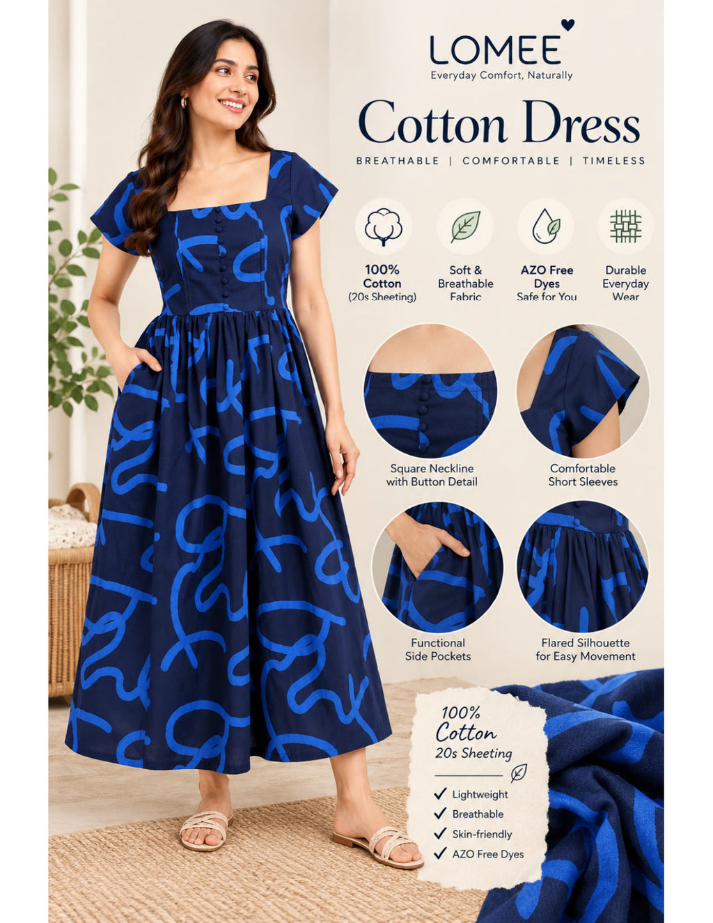 LOMEE cotton dress fabric and feature details