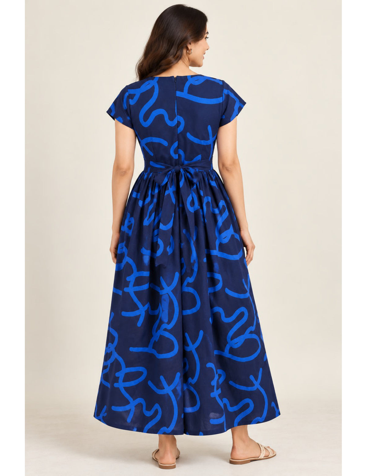 Back view of LOMEE navy and royal-blue cotton dress