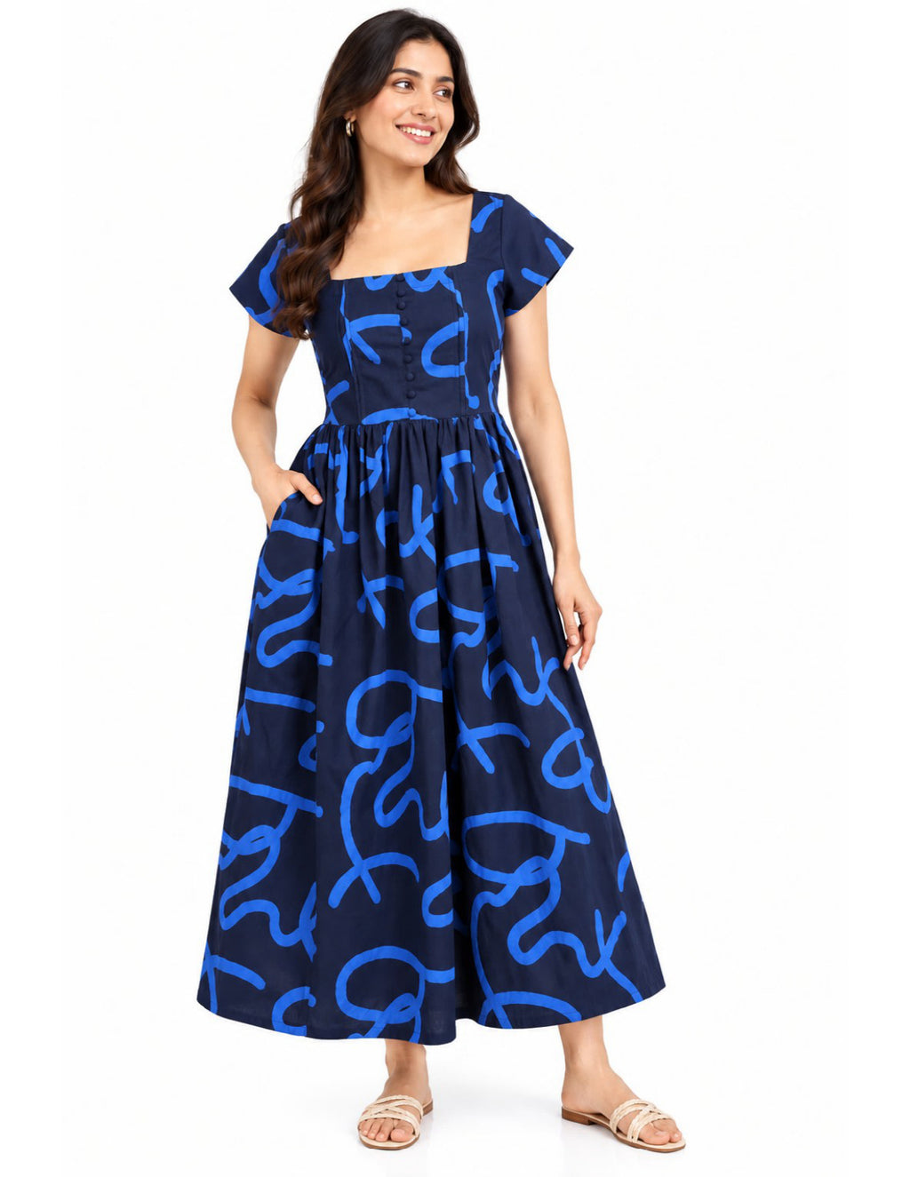 Front view of LOMEE navy and royal-blue cotton dress
