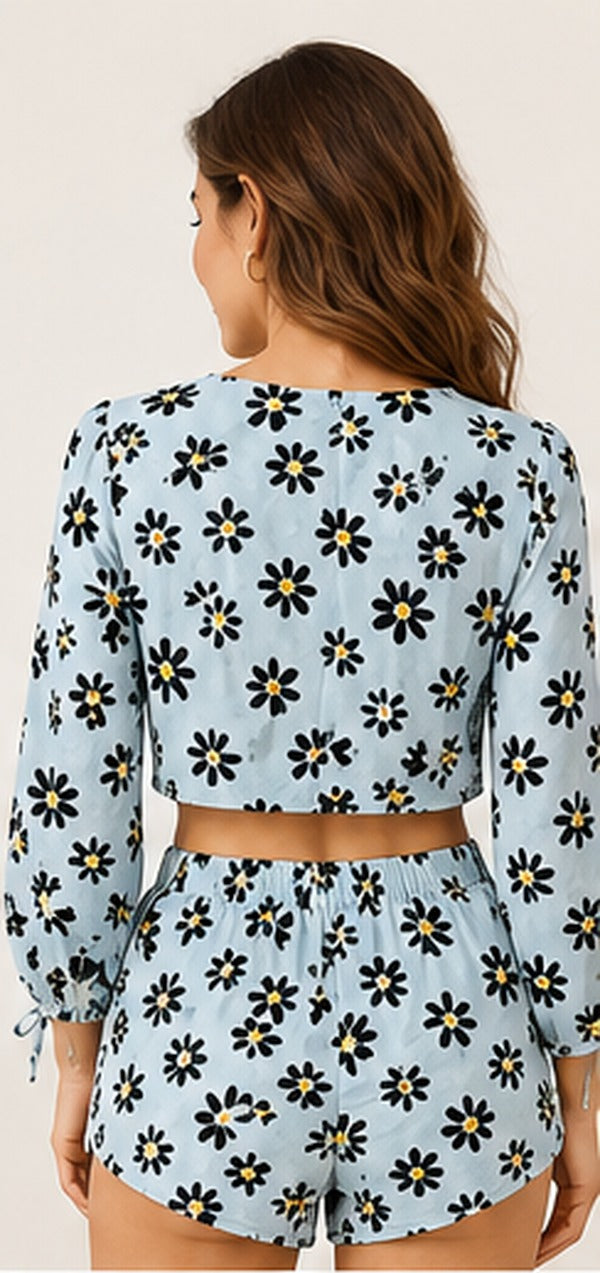 LOMEE women's sky-blue daisy-print cotton-flax co-ord set, back view