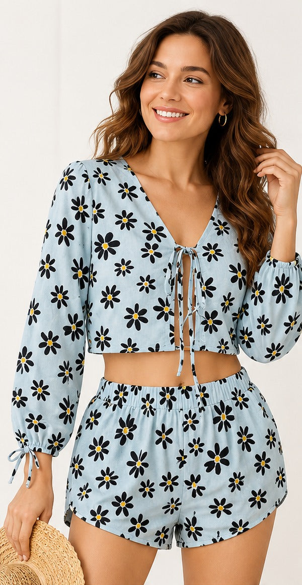 LOMEE women's sky-blue cotton-flax floral co-ord set, front model view with tie-front crop top and matching shorts