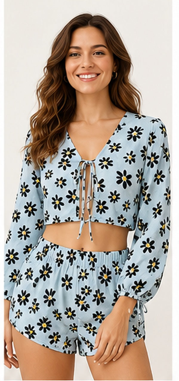 LOMEE sky-blue floral beach co-ord set full front view; matching shorts with narrow fitted elasticated leg hems