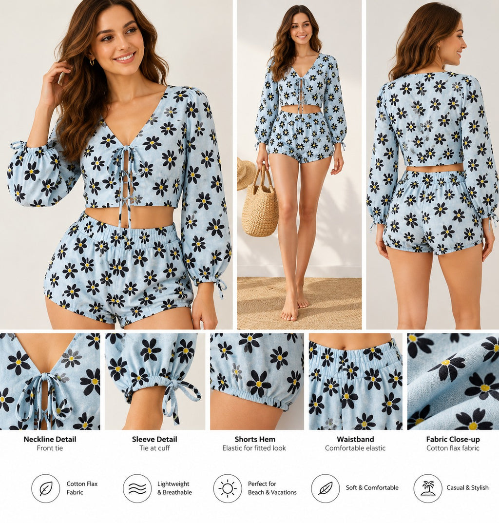 LOMEE blue daisy cotton-flax beach co-ord set infographic with front, back, fabric, tie-front and elasticated shorts hem details