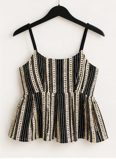 LOMEE black-and-ivory striped cotton lace peplum top on hanger