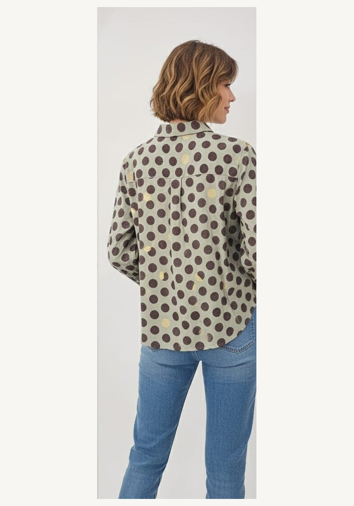 LOMEE women's cotton polka dot shirt, back view with yoke and box pleat