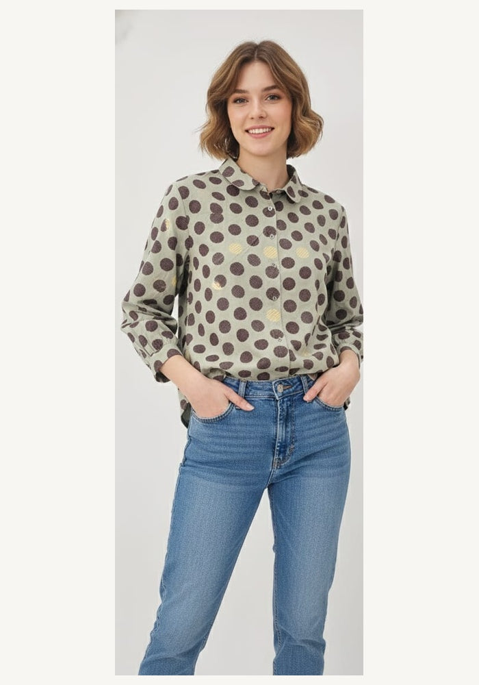 LOMEE women's long sleeve cotton polka dot shirt, full front view