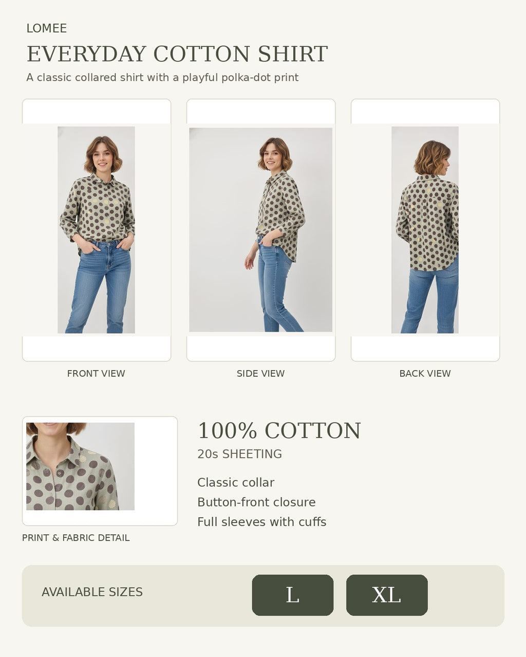 LOMEE cotton polka dot shirt infographic showing front, side, back, 100% cotton 20s sheeting and sizes L and XL