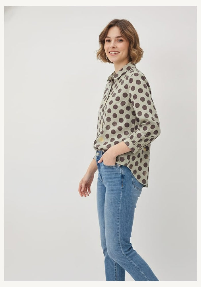 LOMEE women's grey-beige polka dot cotton shirt, side view