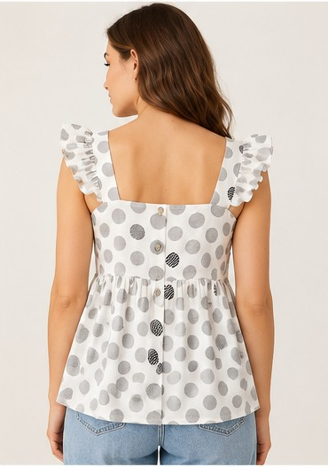 LOMEE white cotton polka-dot top, back model view with square back and ruffle straps