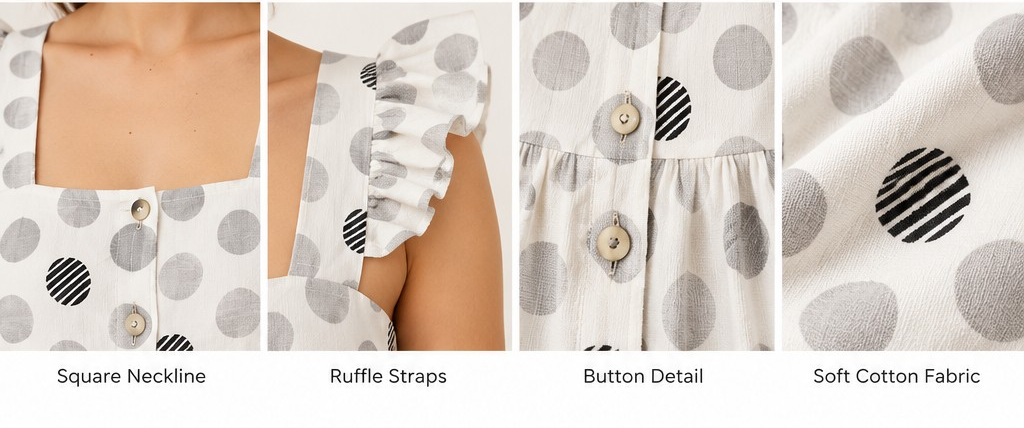 LOMEE white cotton polka-dot top detail collage: neckline, ruffle straps, buttons, gathered waist and fabric print