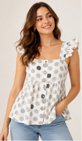 LOMEE white cotton polka-dot top, front model view matching supplied design reference