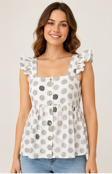 LOMEE white cotton polka-dot top, side model view matching supplied design reference