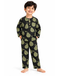 Black kids' cotton night suit with olive pear print, upright front product photo