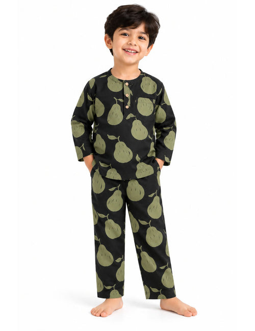 Black kids' cotton night suit with olive pear print, upright front product photo