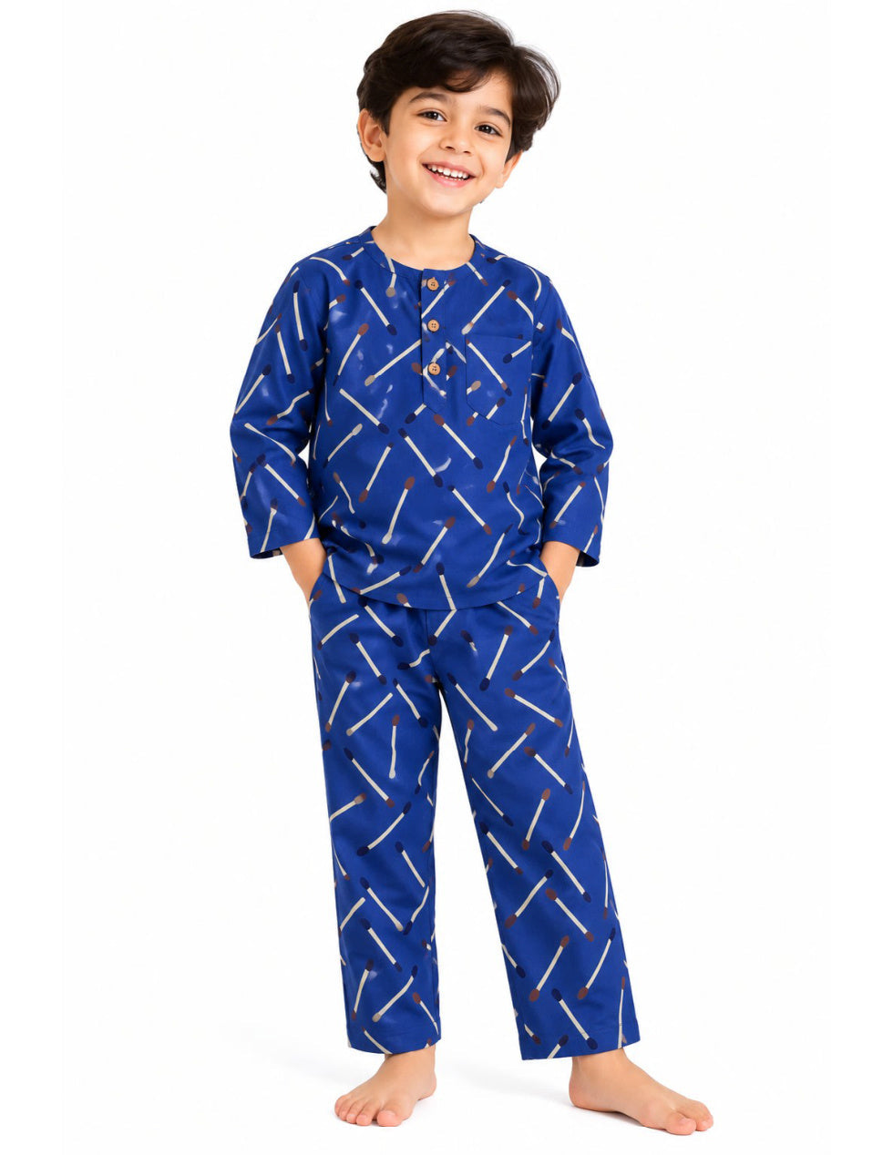 Royal blue kids' cotton night suit with matchstick print, upright front product photo