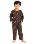 Brown kids' cotton night suit with matchstick print, upright front product photo