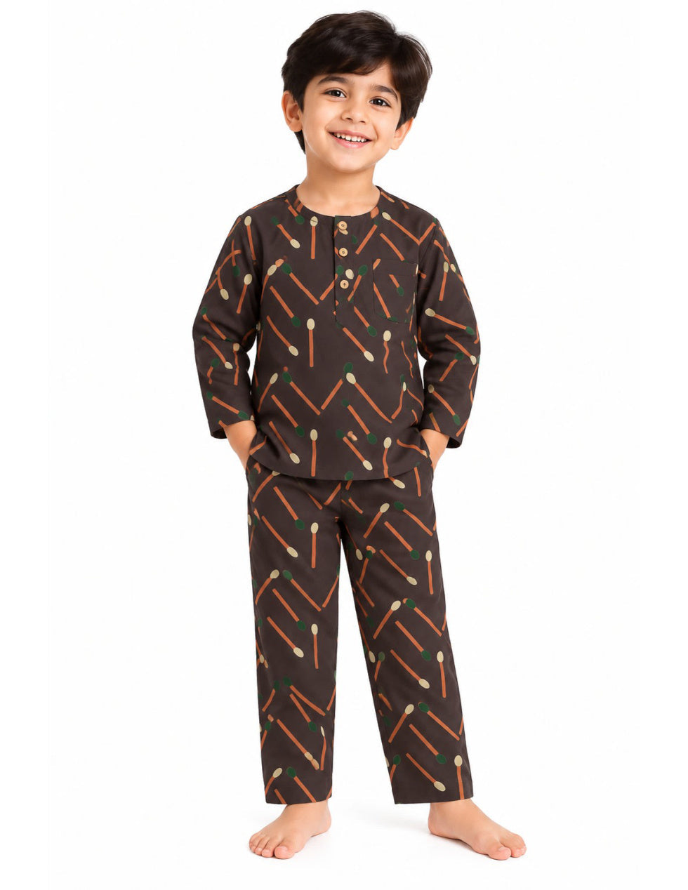 Brown kids' cotton night suit with matchstick print, upright front product photo