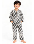 Light grey kids' cotton night suit with black polka dots, upright front product photo