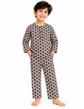 Beige kids' cotton night suit with navy polka dots, upright front product photo