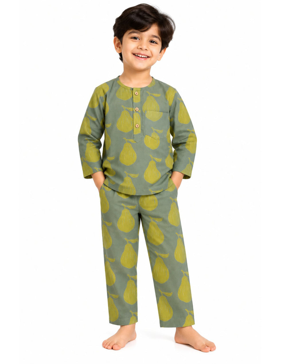 Sage green kids' cotton night suit with pear print, upright front product photo