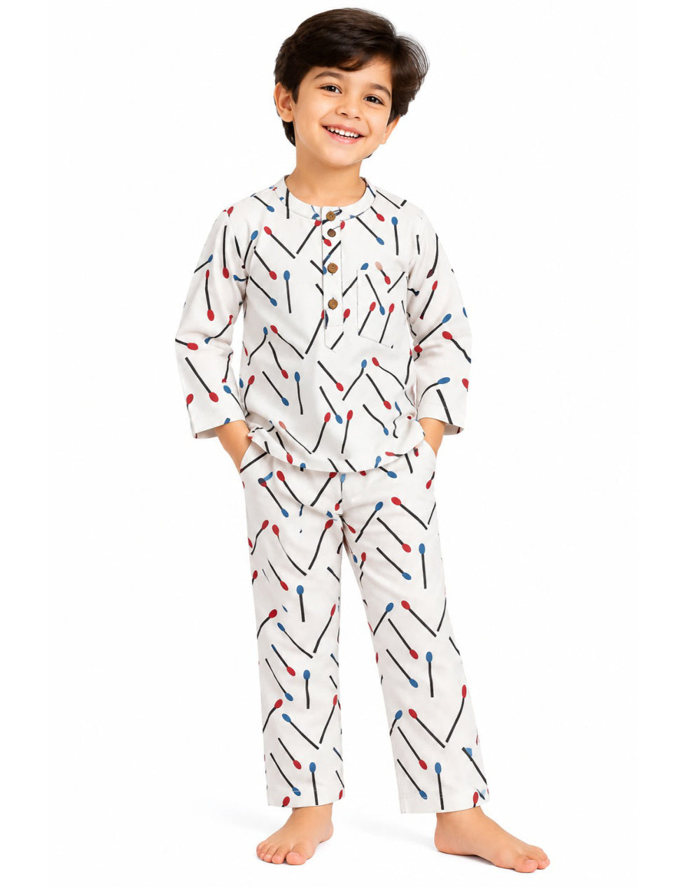 White kids' cotton night suit with multicolour matchstick print, upright front product photo