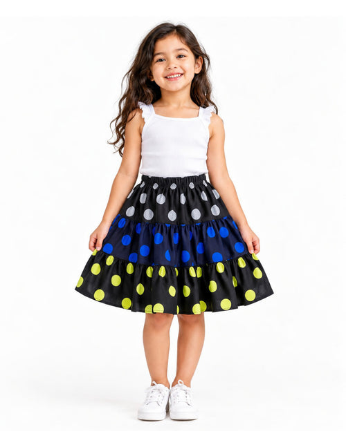 Front view of LOMEE girls' three-tier polka-dot skirt