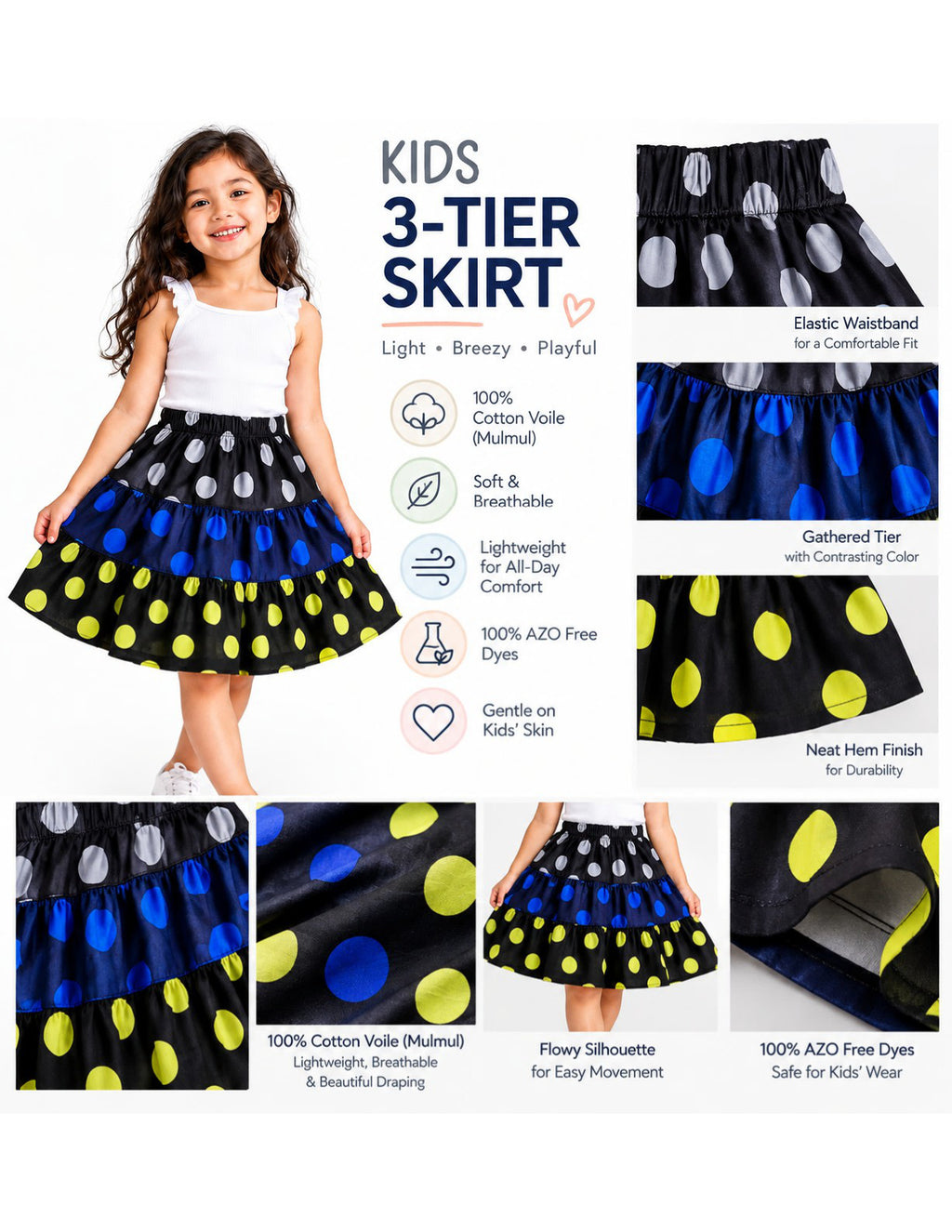 LOMEE girls' skirt fabric, waistband and tier details